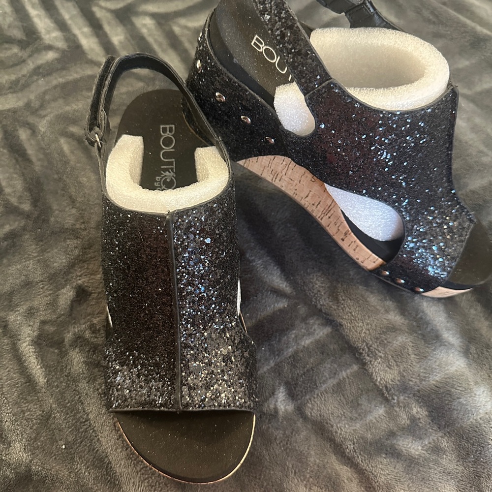Corkys Black Glitter Wedge Sandals